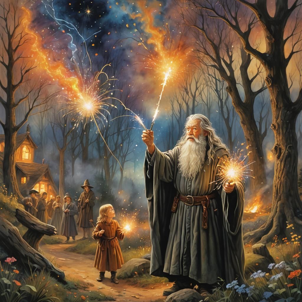 Gandalf Delights Children with Fireworks, Fantasy Painting
