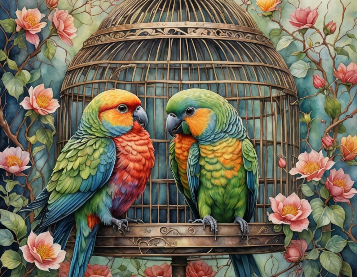 Lovebirds in Cage: Detailed Matte Watercolor Painting