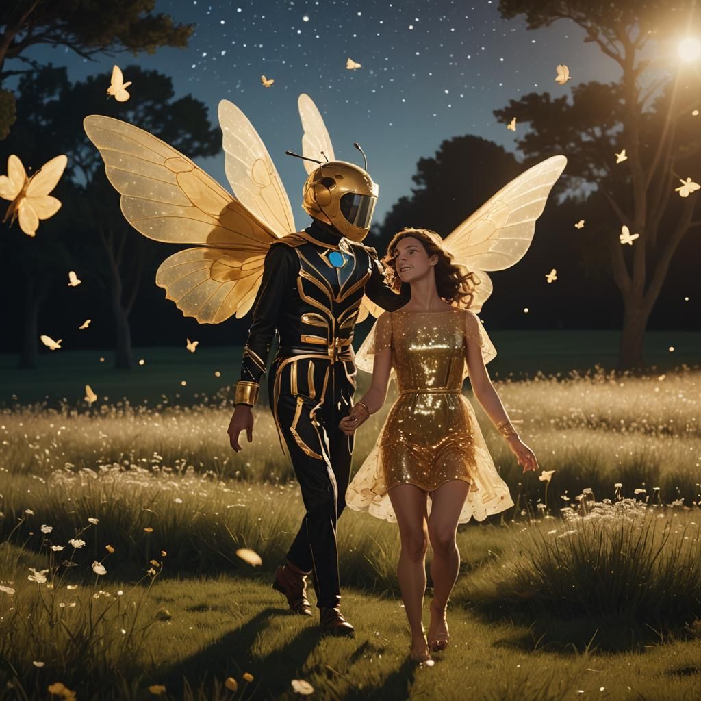 Hermes and Ariadne: Surreal Dance in Moonlit Meadow
