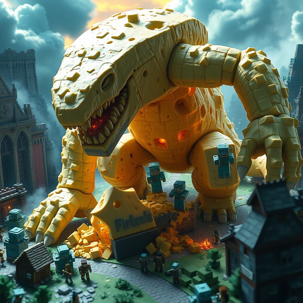 Hyperrealistic Gorgonzola Cheese Monster Devours Minecraft C...