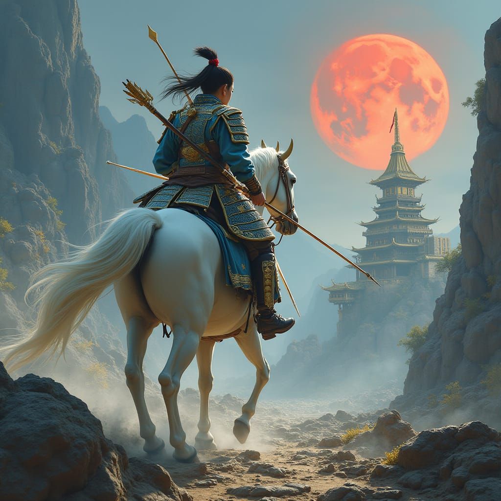 Samurai Warrior on White Horse Over Orc Battlefield