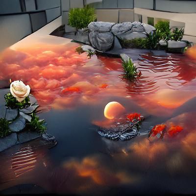 Serene Koi Pond with Floating Roses at Sunset