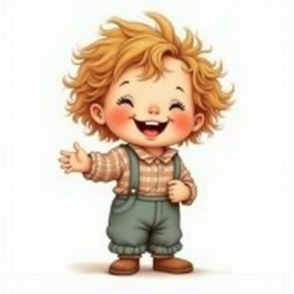 Charming Cubi-Inspired Boy Doll with Big Smile on White Back...