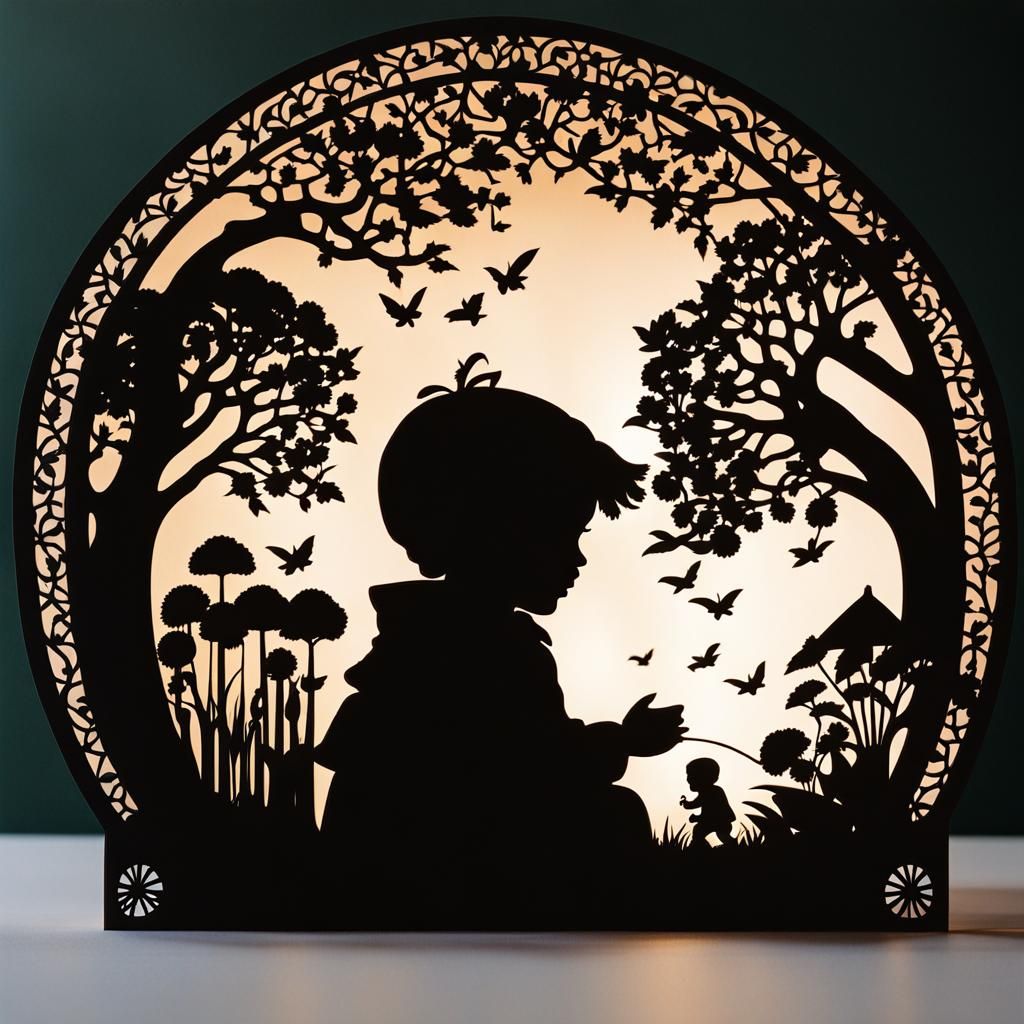 Intricate Paper Cut Silhouette of Child in Park