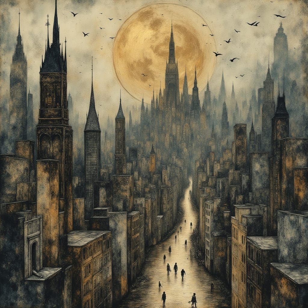 Surreal Cityscape with Abstract Shapes and Clouds