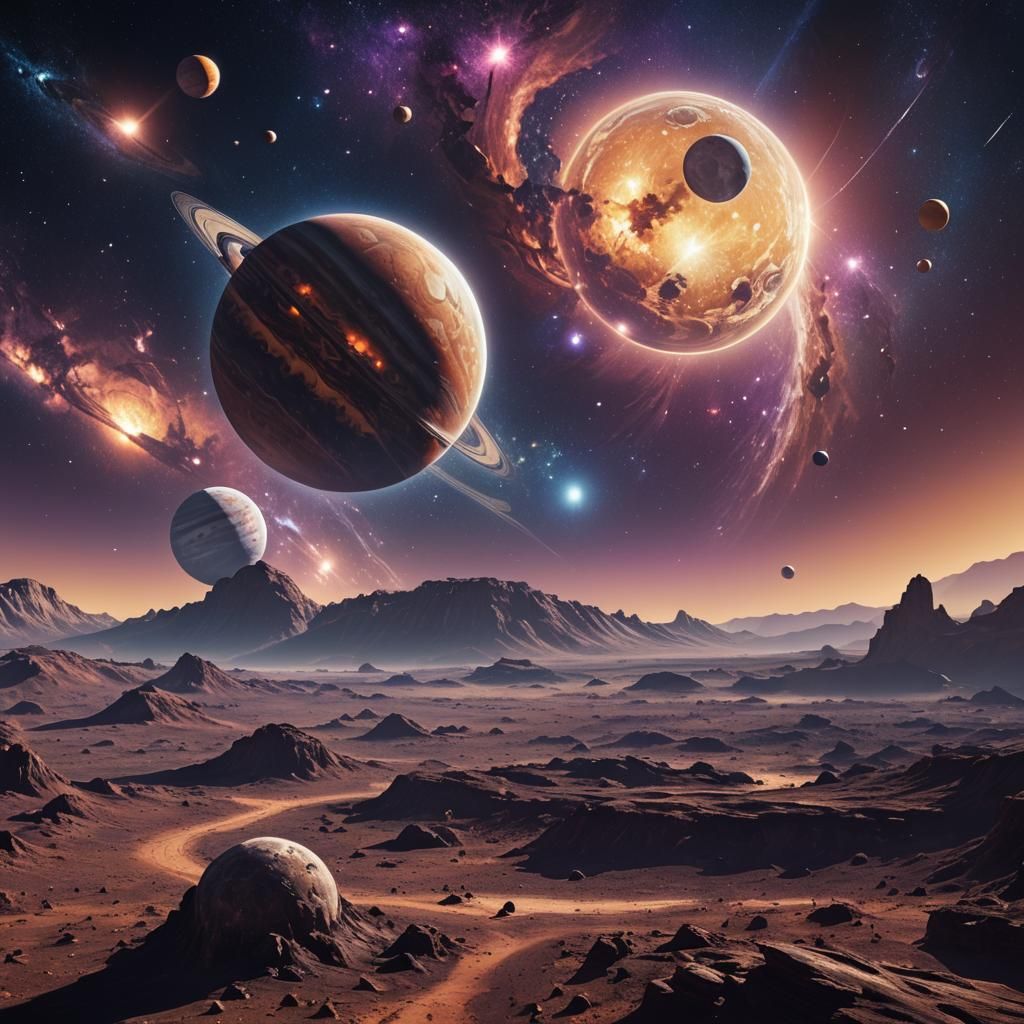 Cosmic Alignment: Earth, Moon, and Spaceship in Fantasy Art