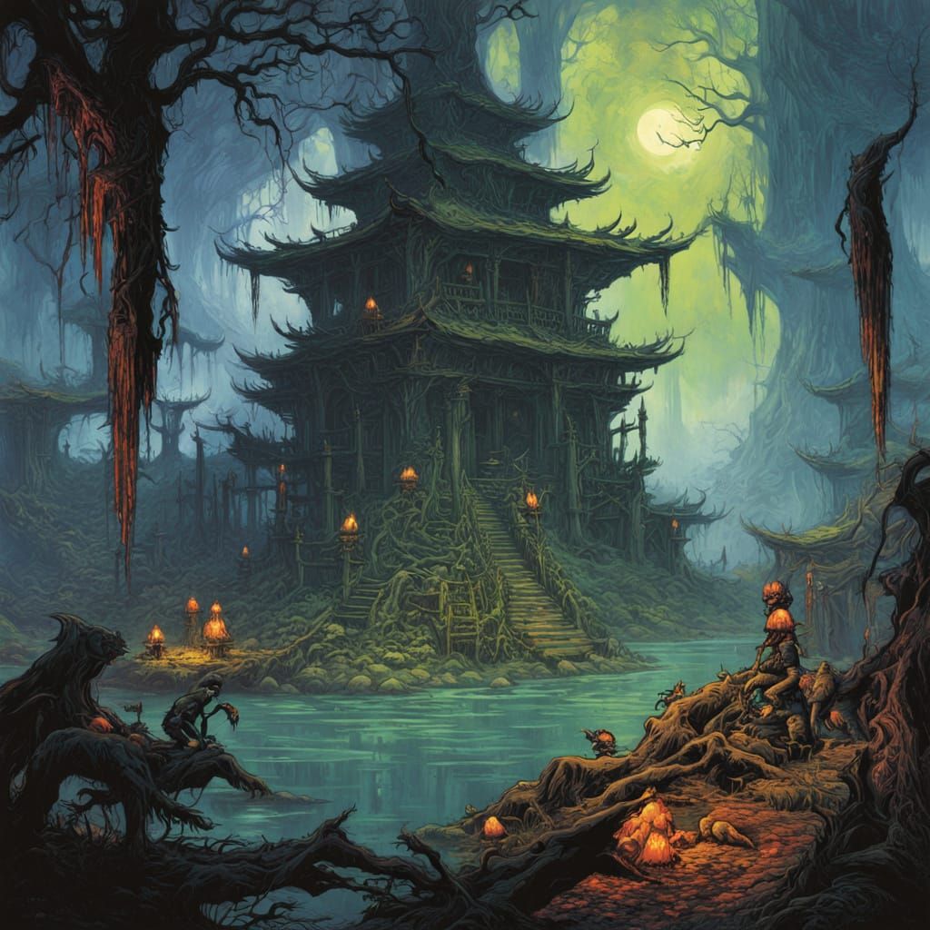 Frog Cult's Evil Swamp Temple in Oil Painting Style