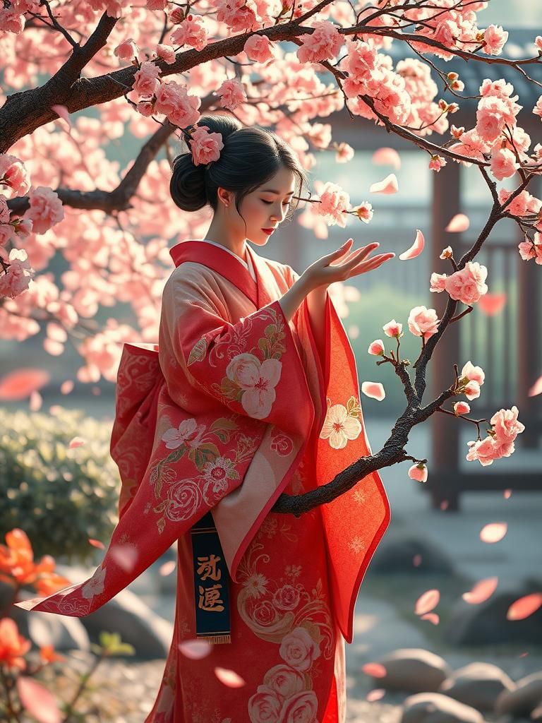 Japanese Woman with Bonsai Cherry Tree, Rackham-Inspired