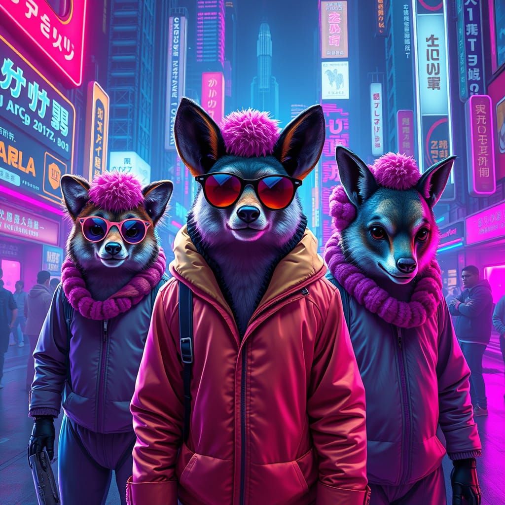 Pom-Pom Animals in a Cyberpunk Cityscape