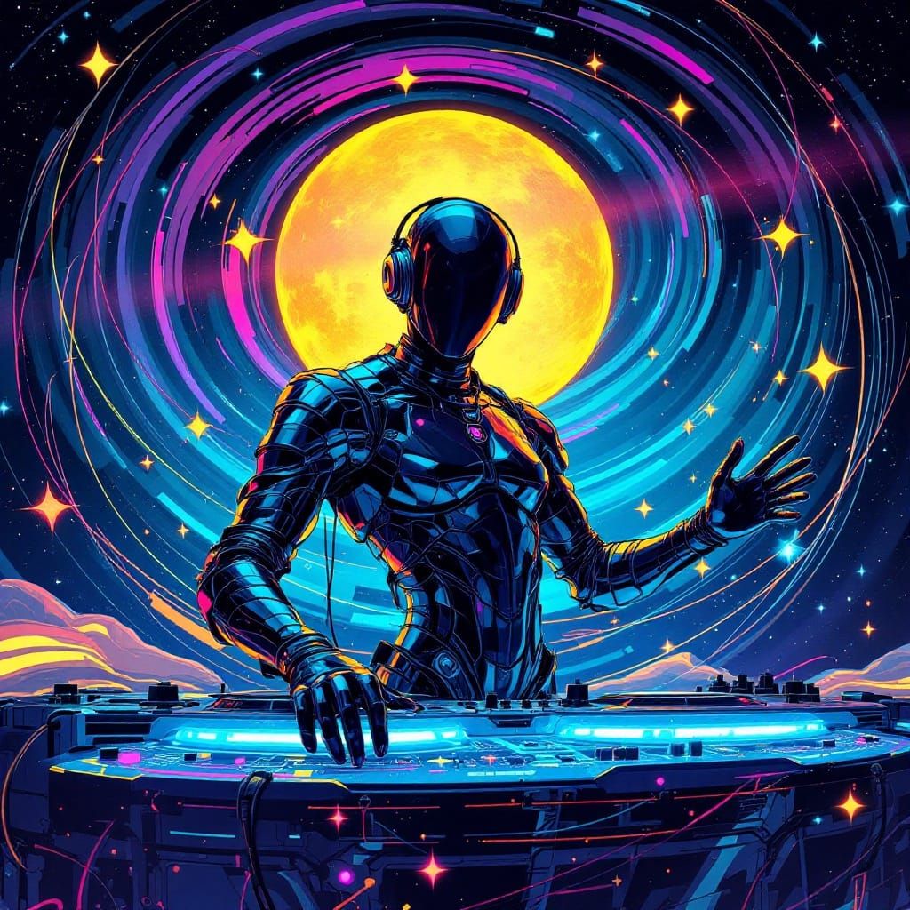 Futuristic Cosmic DJ Album Cover in Neon Holographic Style