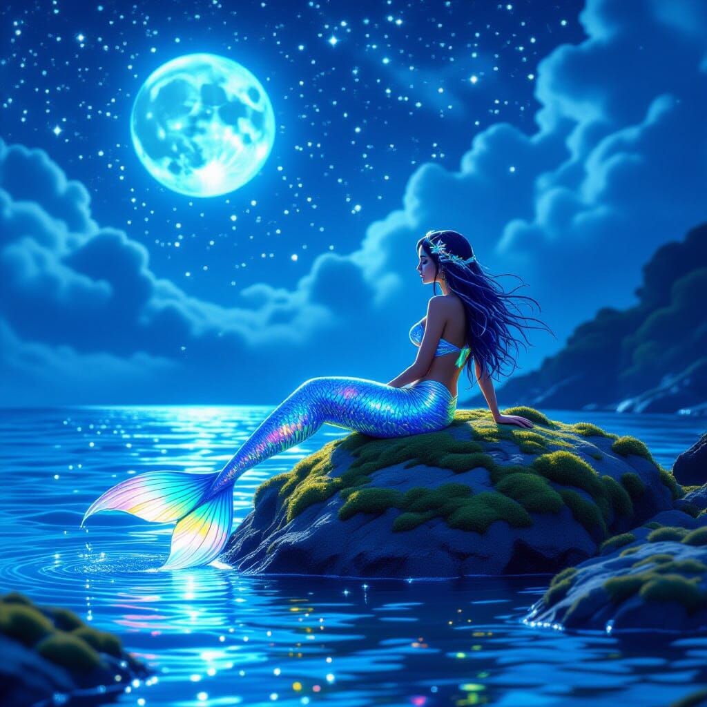 Bioluminescent Mermaid in Ethereal Starry Seascape