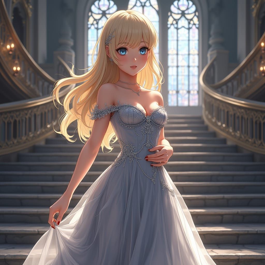 Elegant Woman Descends Castle Staircase in Shimmering Gown