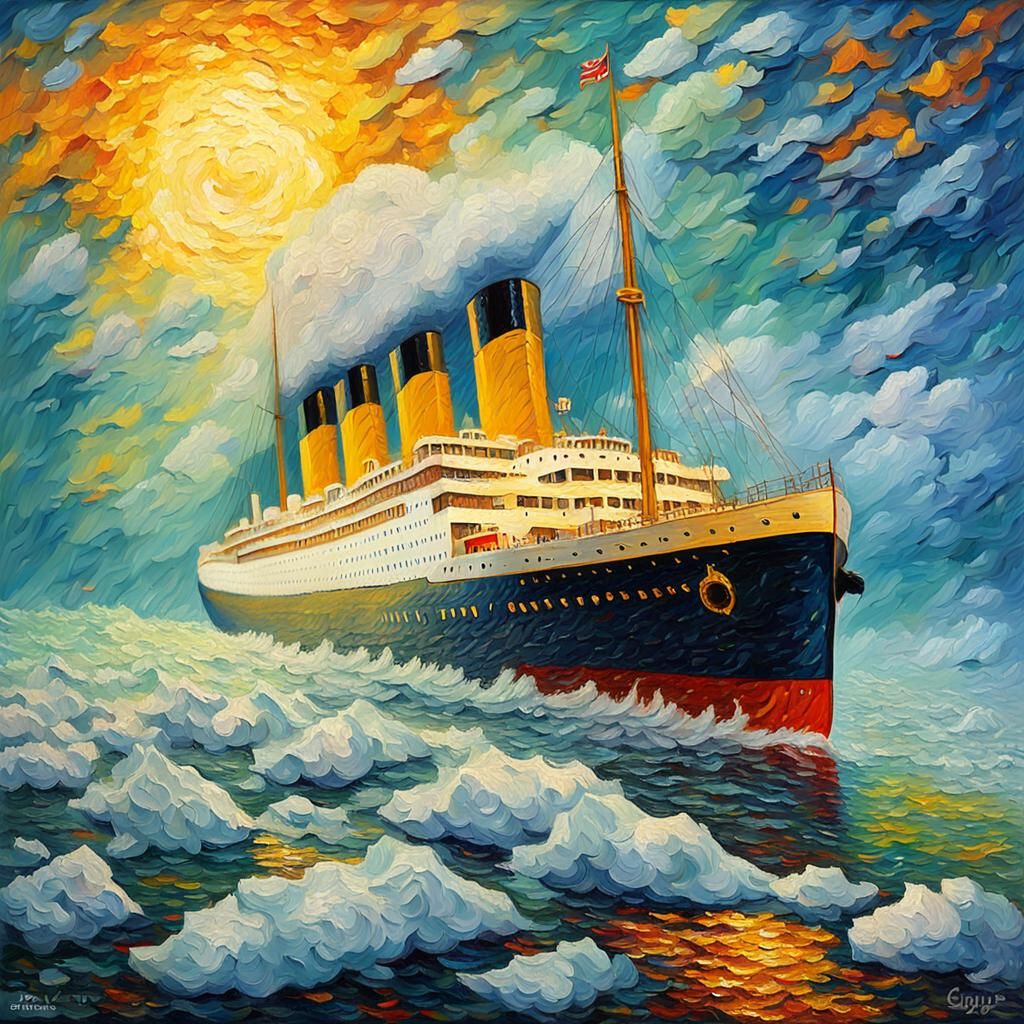 Titanic Steaming Through Icy Waters: Neo-Impressionist Oil P...