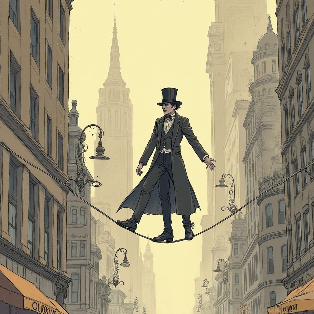 Steampunk Acrobat Walking Highwire Over Cityscape