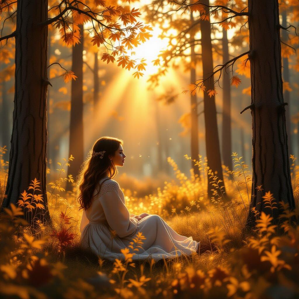Woman in Autumn Forest Golden Hour Sunrays