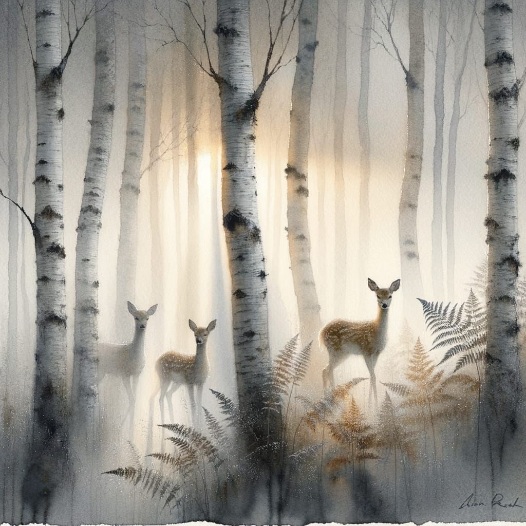 Dawn Mist and Fawns: Tranquil Watercolour Painting