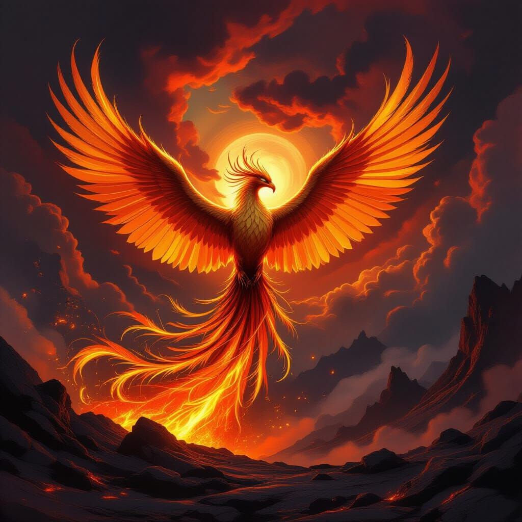 Majestic Phoenix Rises From Volcanic Landscape in Fantasy Ar...