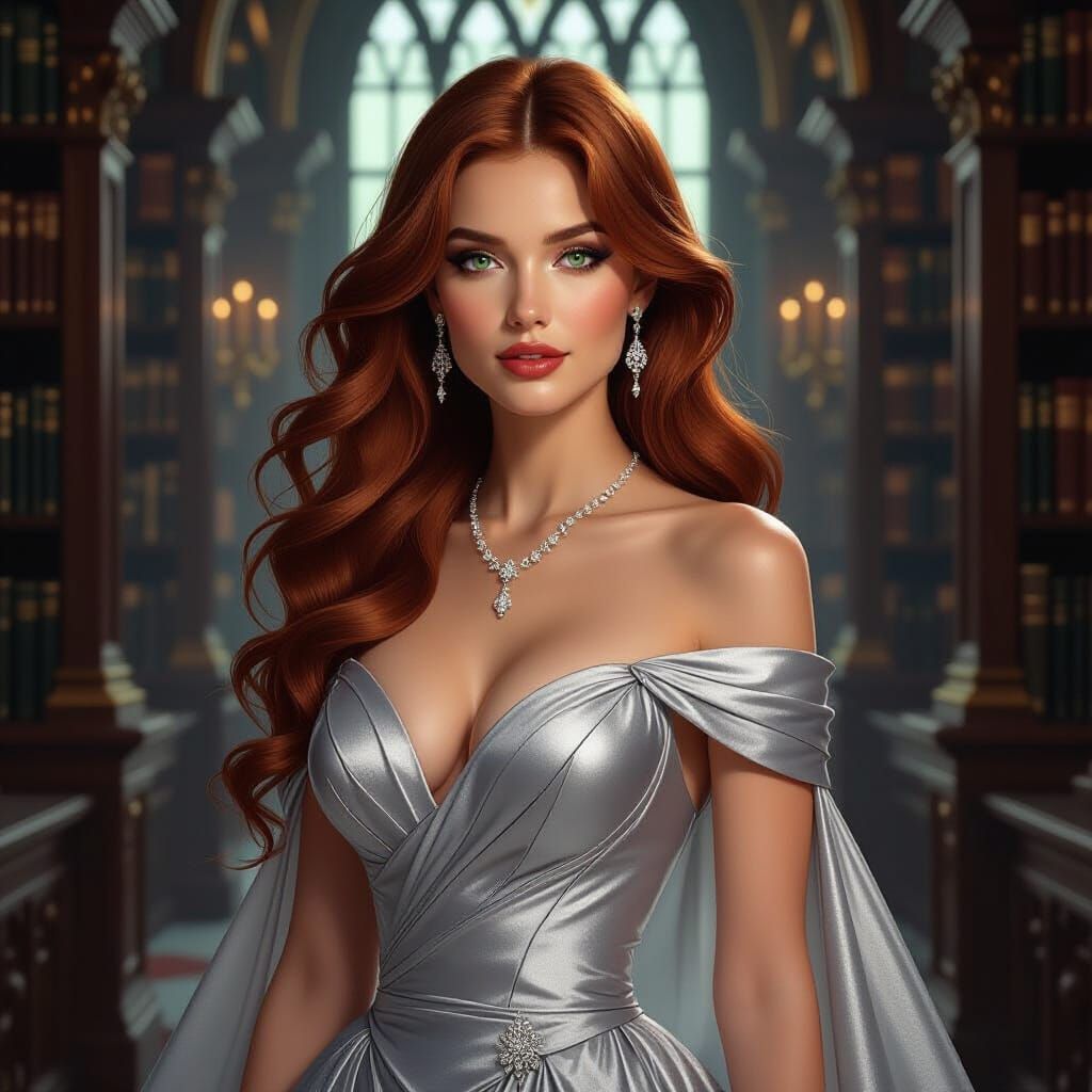 Glamorous Woman in Gothic Library, Digital Painting