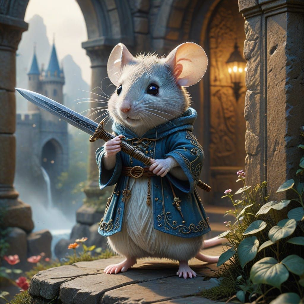 Heroic Mouse Defends Ancient Castle in Dreamy Landscape