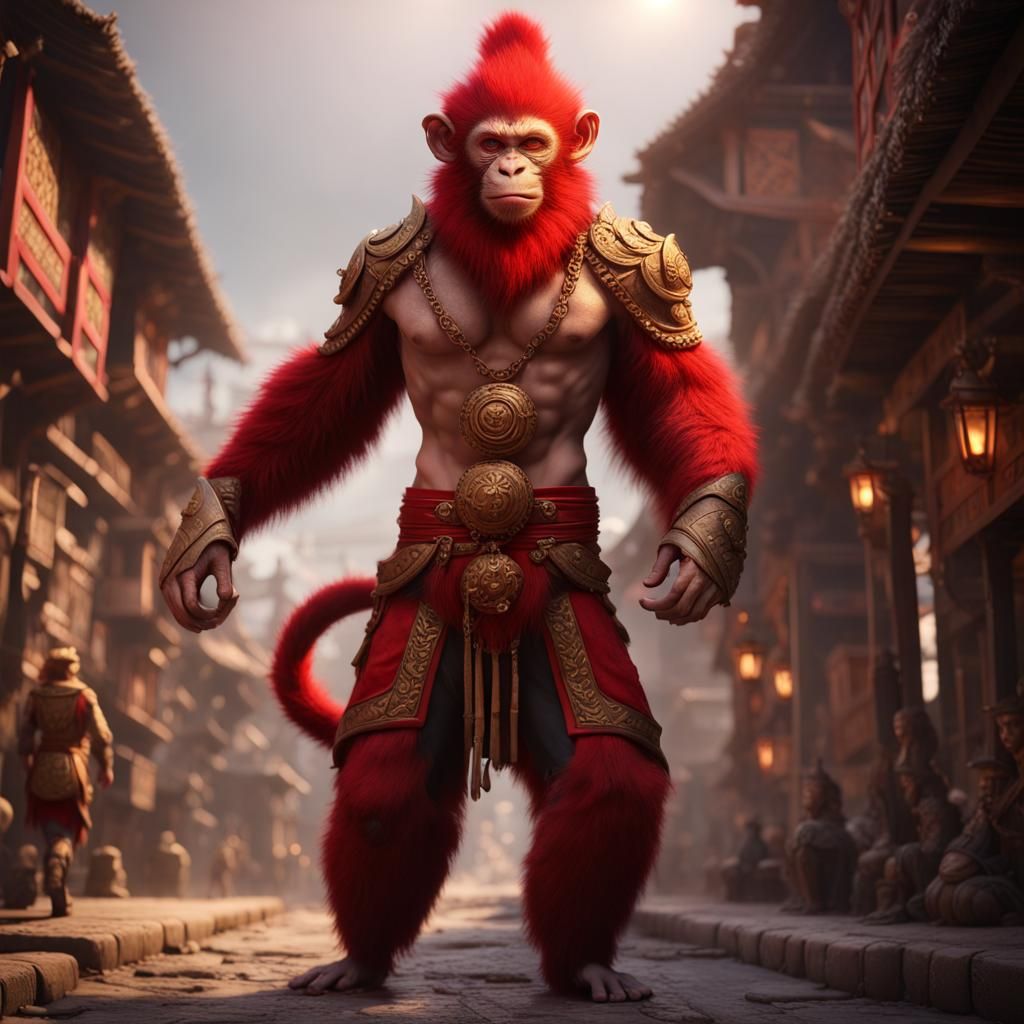 Red-Furred Monkey Man in Medieval Town