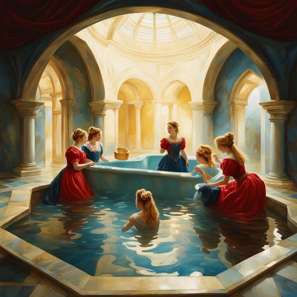 Princess in Marble Tub Attended by Maids