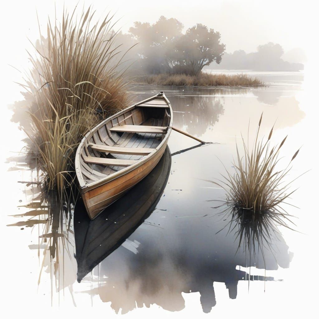 Weathered Rowboat on a Misty Lake Shore