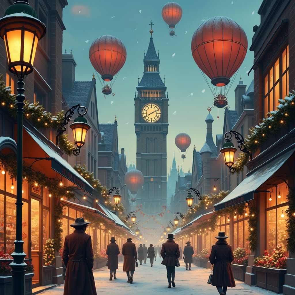 Steampunk Holiday Cityscape at Dusk with Balloons