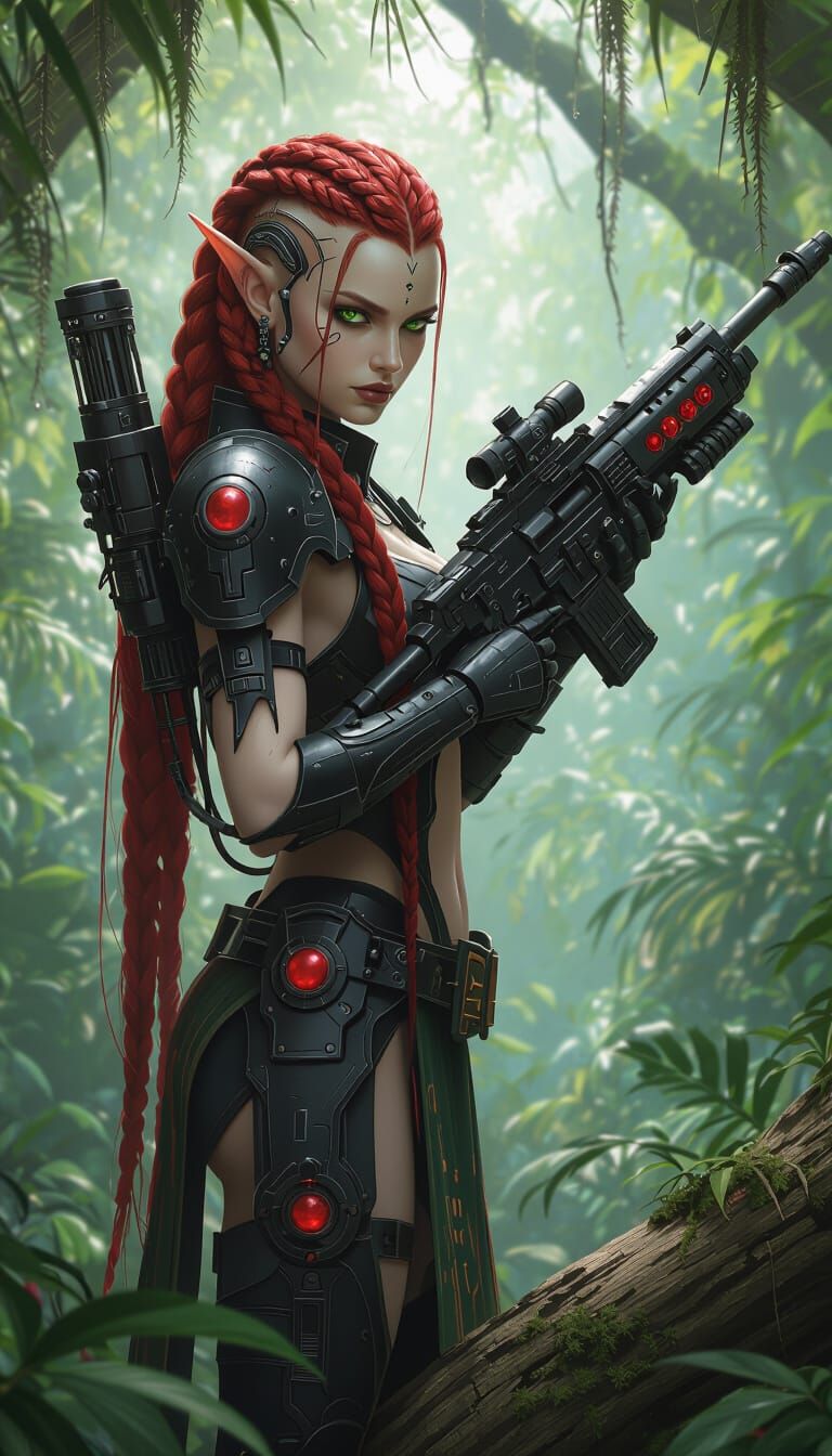 Eldar Warrior Woman in Lush Jungle, Realistic Portrait