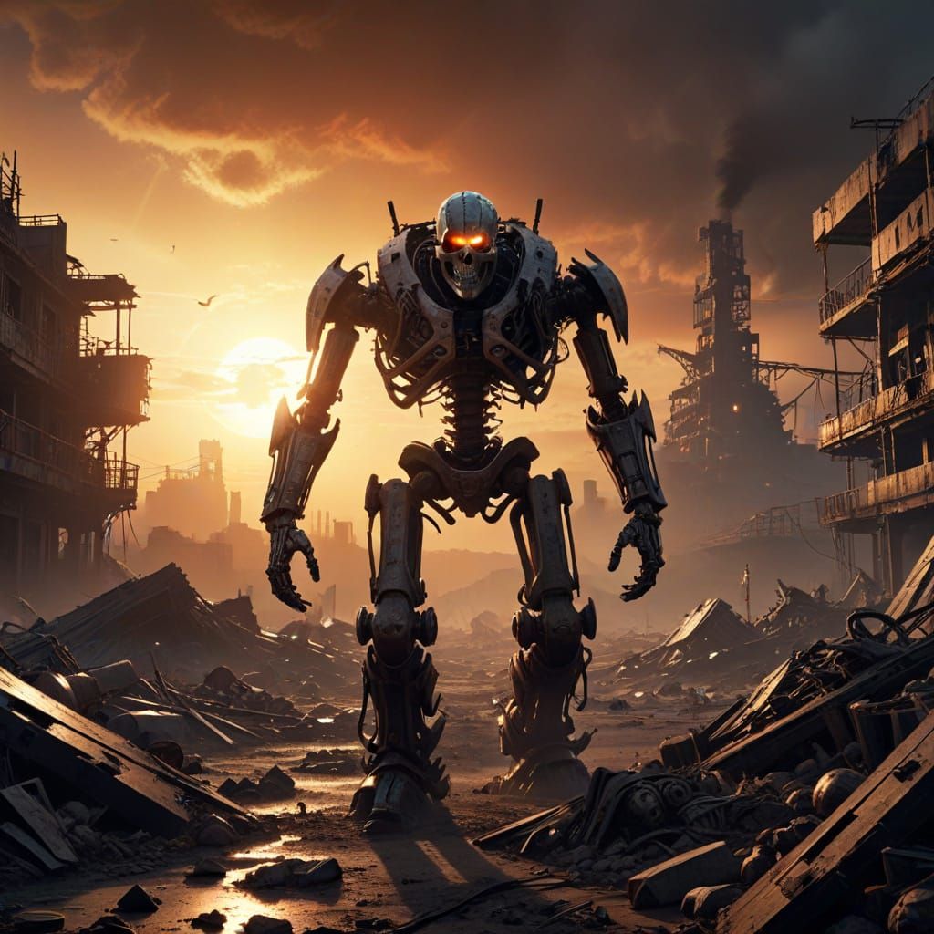 Lone Explorer in Ruined Metropolis Post-Apocalyptic Sci-Fi