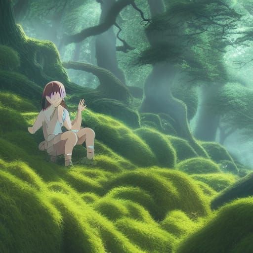 Mini Tree Spirits in Moss Forest, Anime Style