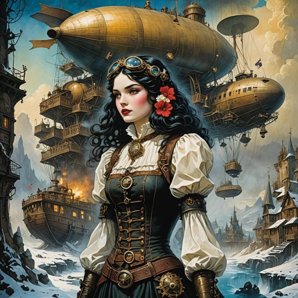 Airship Pilot Snow White in Steampunk Wonderland