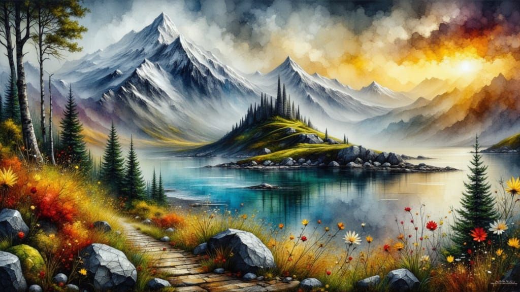 Misty Mountains Geometric Spirits in Abstract Style