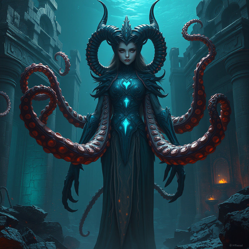 Ethereal Demon Goddess in Iridescent Armor, Beneath Ancient...