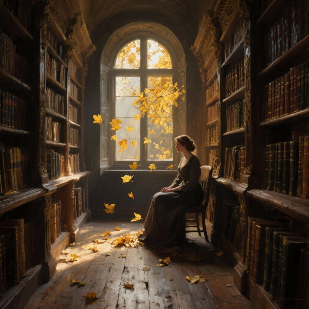 Woman Contemplating in Sunlit Autumn Library Oil Painting