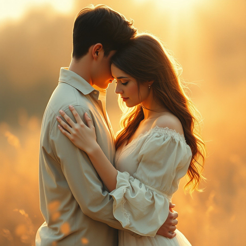 Nostalgic Couple Embracing in Golden Light