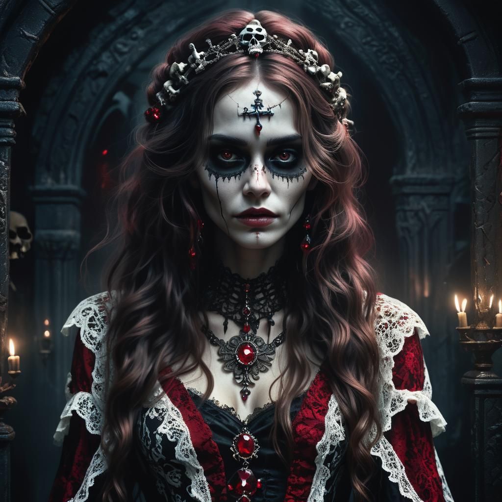 Gothic Woman Portrait with Ruby Jewelry