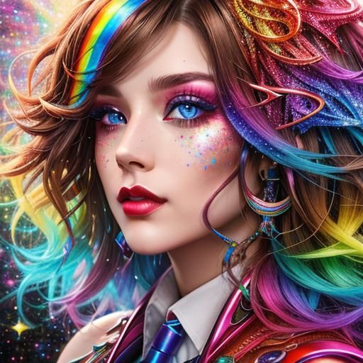 Glitterpunk Woman with Rainbowcore Atmosphere