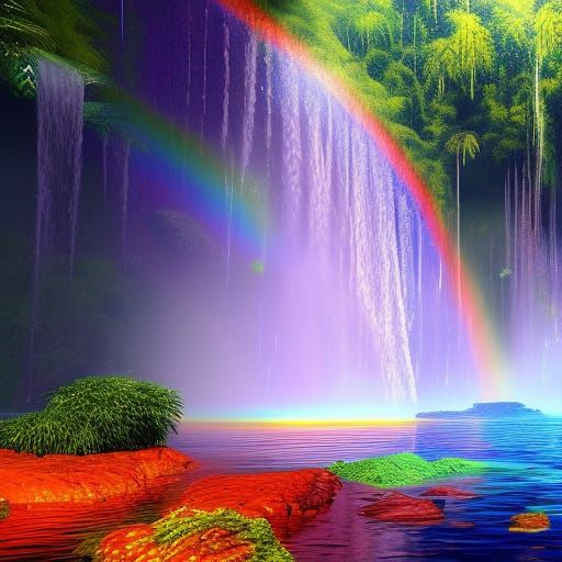 Amazon Rainforest Waterfall with Rainbow: Detailed Matte Pai...