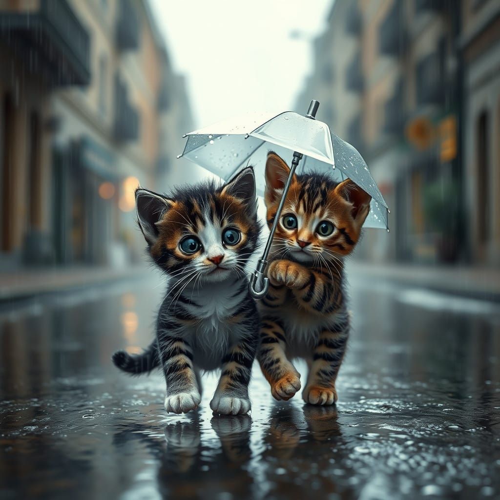 Whimsical Rainy Scene of Kitten Protection in Black and Whit...