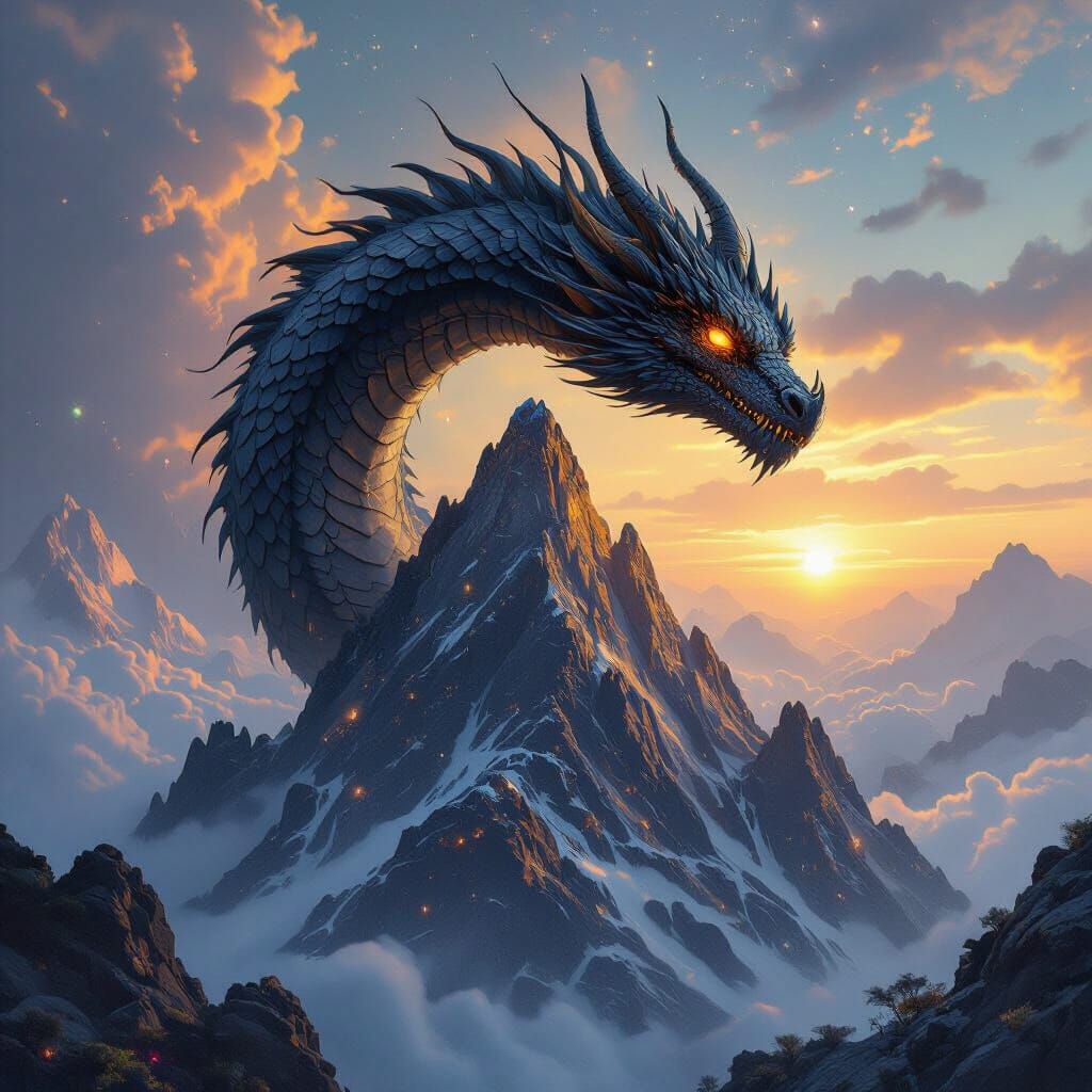 Ancient Dragon on Alien Peak, Dark Surreal Matte Painting