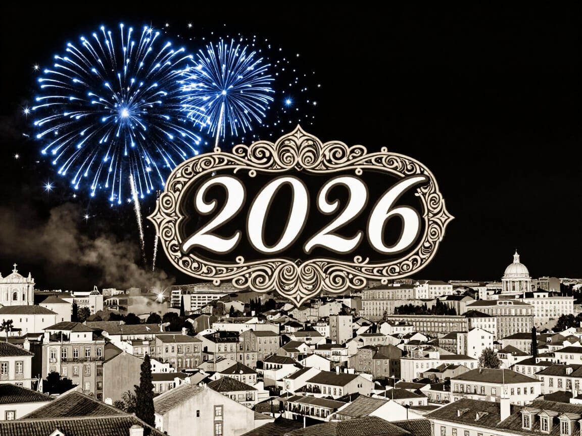 Lisbon Cityscape with Fireworks and New Year's 2026 Text