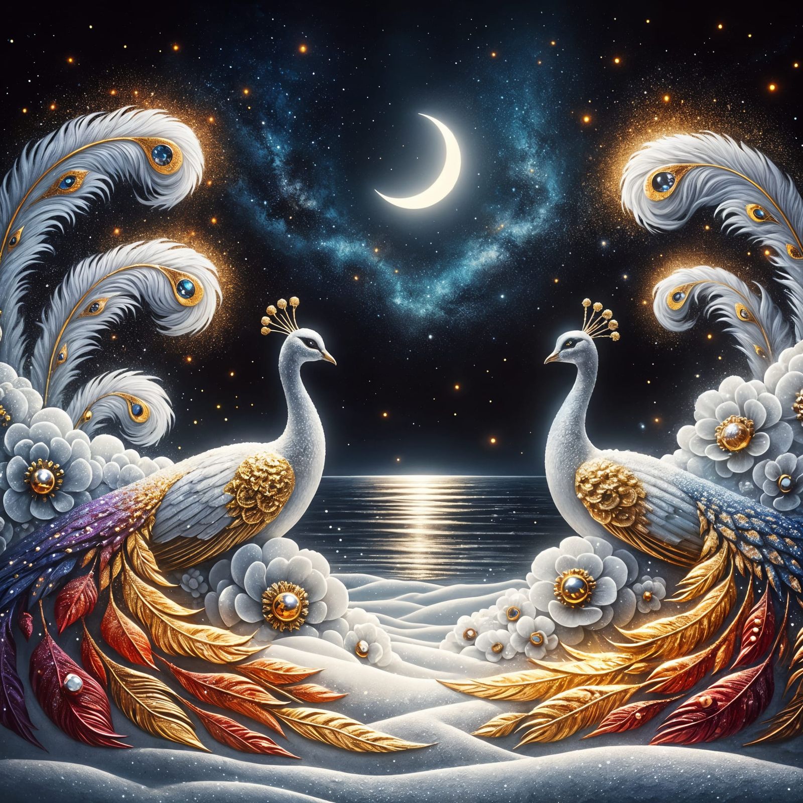 Snow Peacocks Under a Starry Sky