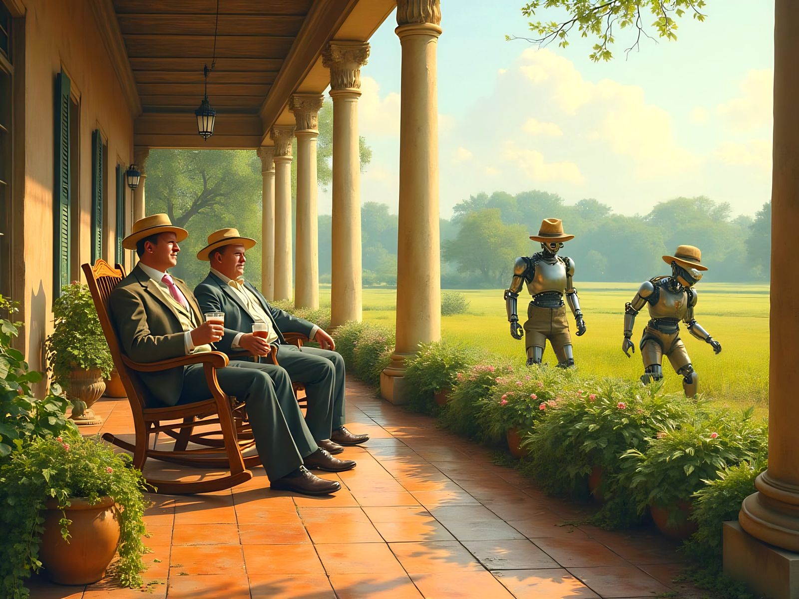 Two Men and Robots Amidst 18th Century Estate