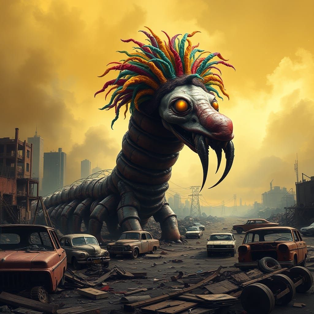 Grotesque Centipede Clown in Post-Apocalyptic Wasteland