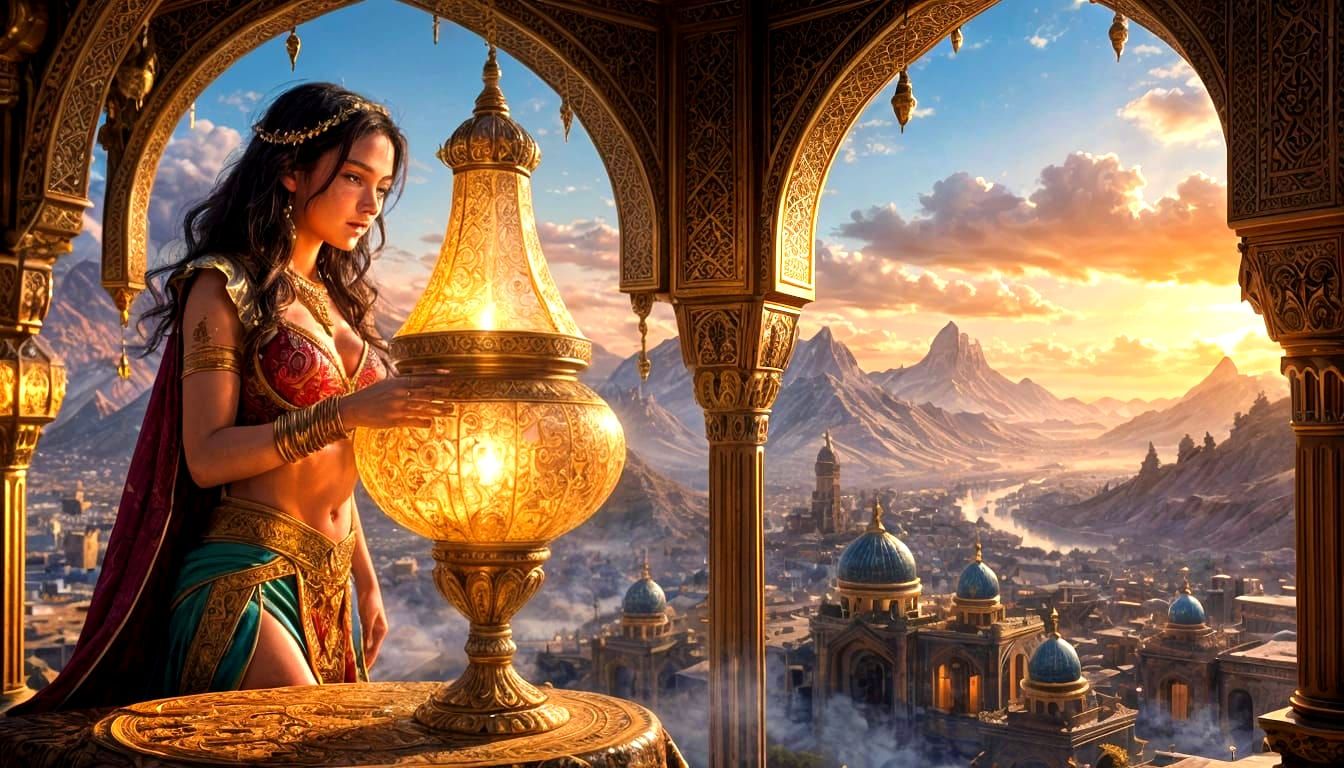 Golden Lamp Reveals Genie in an Oriental Landscape