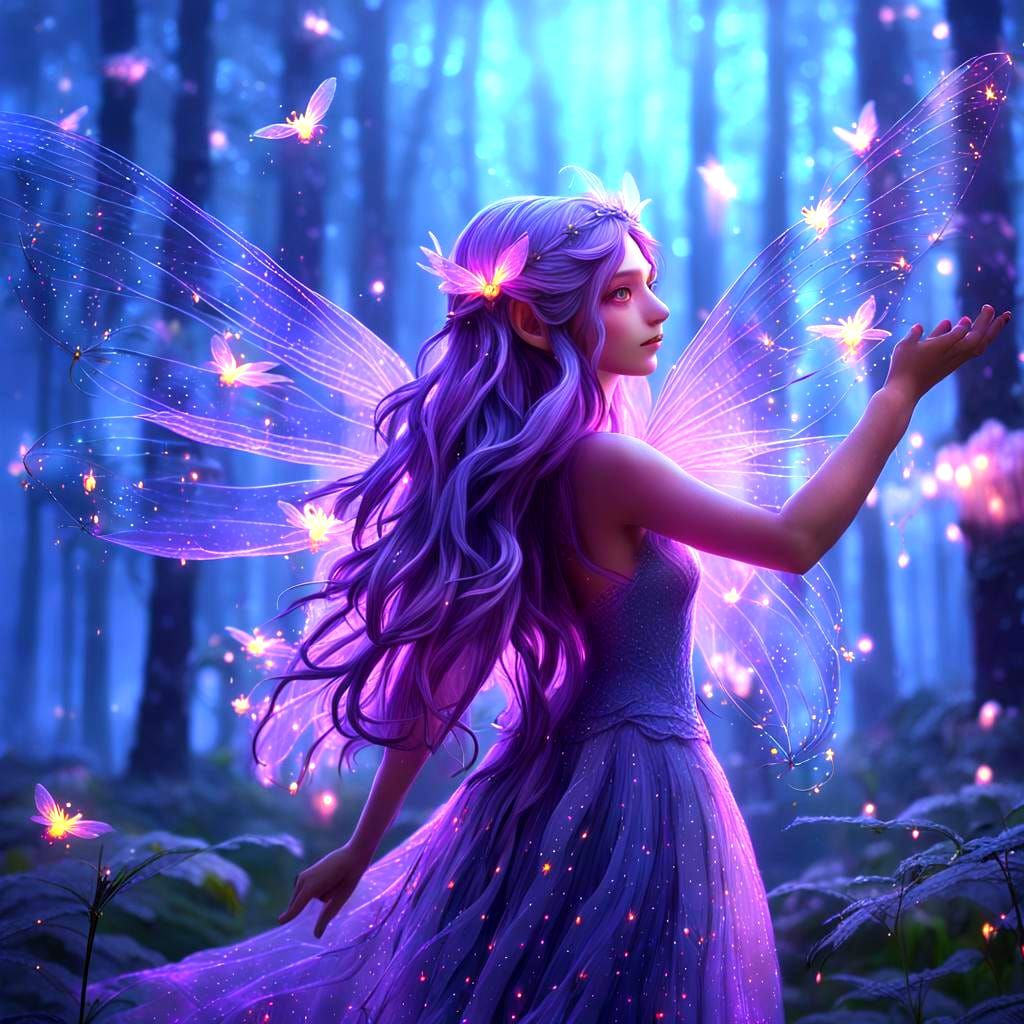 Purple Fairy Flowing Hair 3D Anime Art