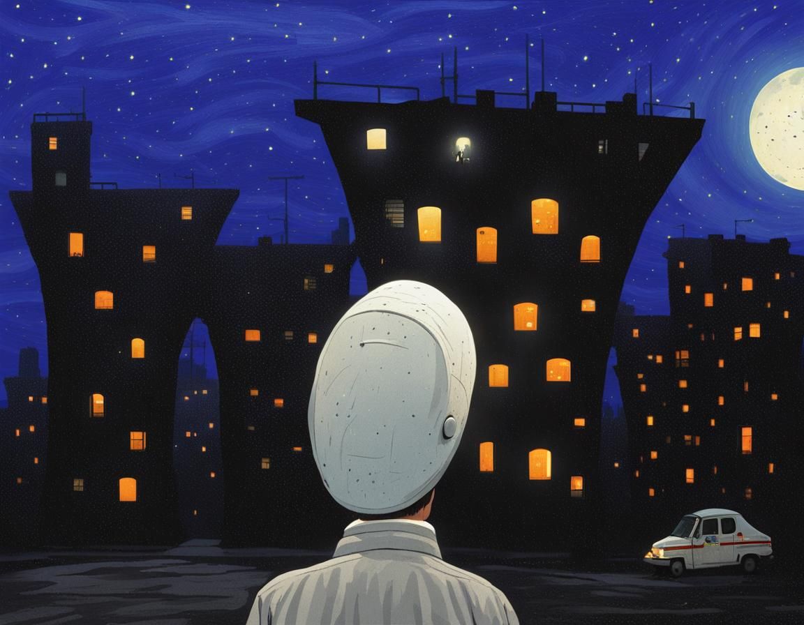 Night Walk: Sad Figure in Concrete Ghetto