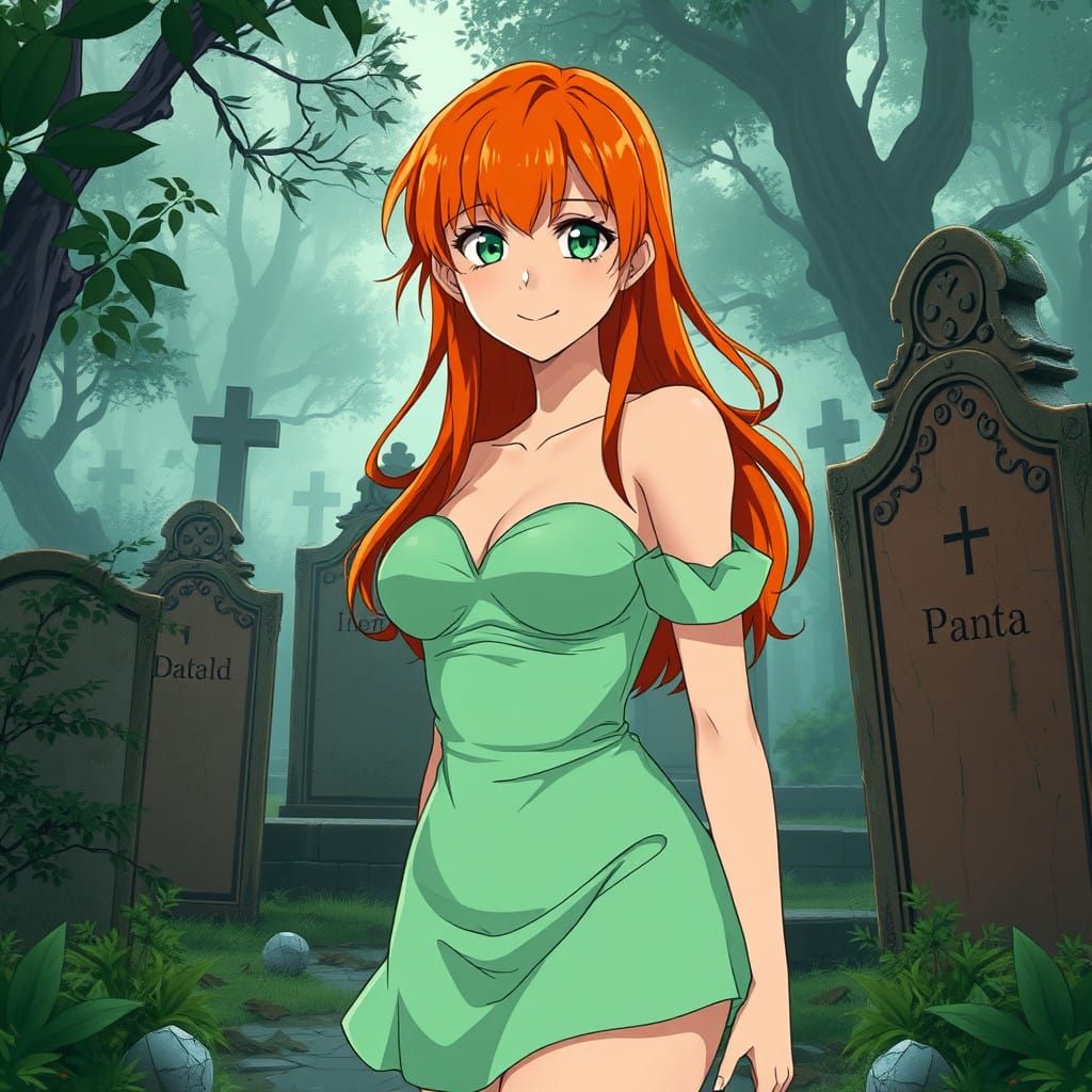 Enigmatic Anime Goddess in Misty Cemetery