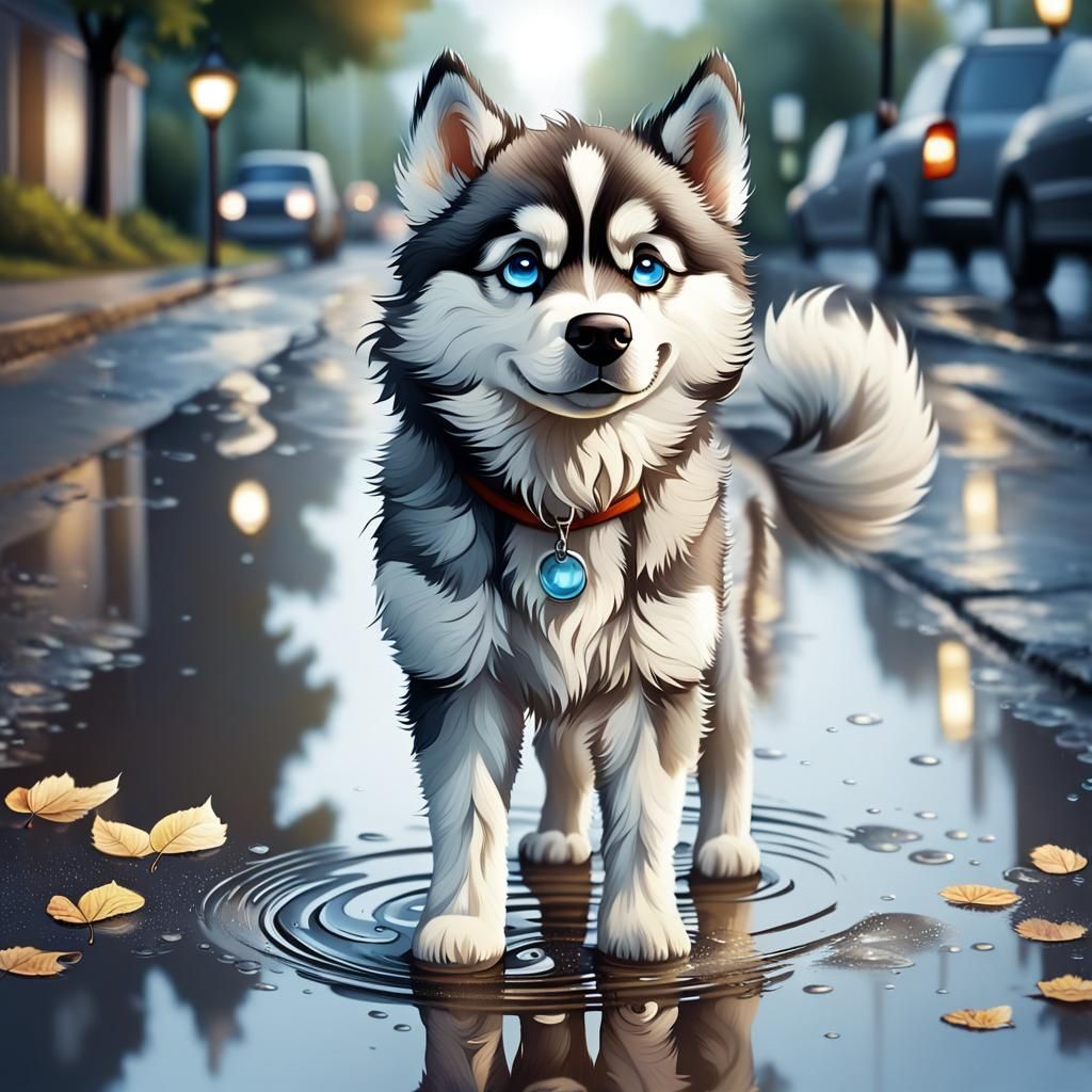 Chibi Husky Dog Reflected in Rainy Puddle