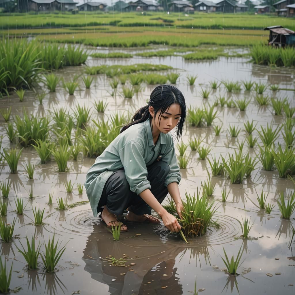 Anime Woman Planting Rice in Rainy Paddy